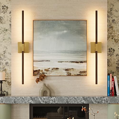 Rayogale Gold & Walnut Wireless Wall Sconce with Remote Control, 24 Inch - color: Gold & Walnut, size: 24 Inch(2 Pack)