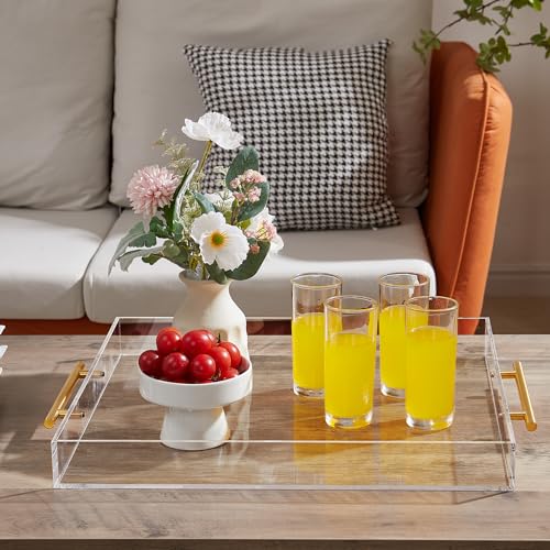 Extra Large Clear Acrylic Serving Tray (18×18 Inches) with Gold Handles Spill Proof Acrylic Over Size Big Decorative Tray Organiser for Ottoman Coffee Table Countertop - size: 18x18 Inches