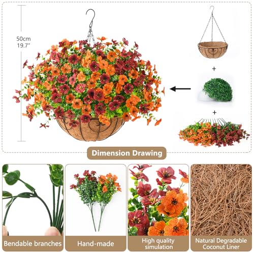 Artificial Fall Hanging Flowers Basket, UV Resistant Mums for Outdoors - color: Orange Brown