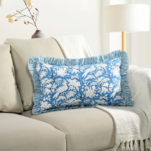 CPC Blue Sapphire Block Print Ruffle Sham Pillow Cover 12x20 Inch Pack of 1 - color: Blue Sapphire, size: 20" x 12" (Pack of 1)