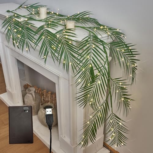 LITBLOOM Lighted Palm Garland with Timer 6FT 120 LED Fairy Lights, Greenery Garland Battery Operated or USB Plug in for Summer Fireplace Mantle Decoration Inside - style: Palm