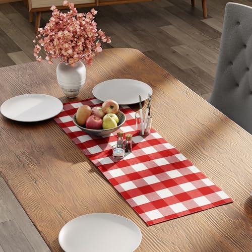 Encasa XO Table Runner, Woven Cotton Dining Linens 13"x36" Red - color: Buffalo Red Checks, size: 13x36 in
