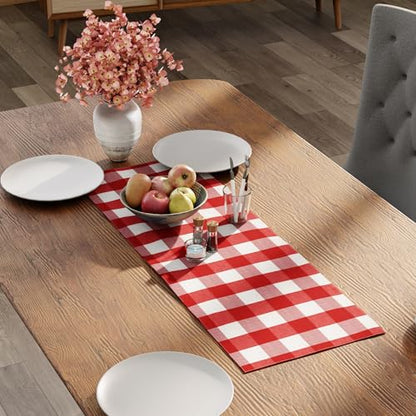Encasa XO Table Runner, Woven Cotton Dining Linens 13"x36" Red - color: Buffalo Red Checks, size: 13x36 in
