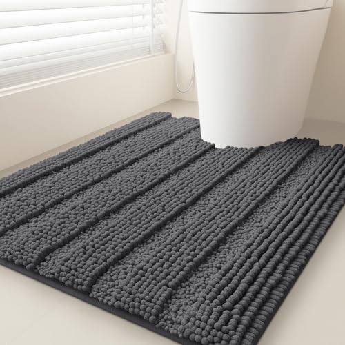 Striped Grey Toilet Bathroom Rug Mat 24" x 20" Contour Rug Ultra Soft, Non Slip Chenille Bath Rugs, Absorbent Plush Shaggy Bath Mats for Bathroom, Bedroom, Kitchen, Shower, Tub,Dark Gray, Charcoal - color: Dark Gray, size: 1'8" x 2' (U-Shape)