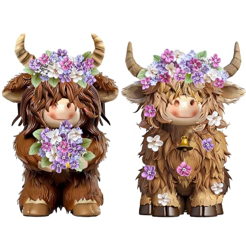 2 Pcs Resin Highland Cow Figurines Decor, Lilacs Theme - style: Lilacs