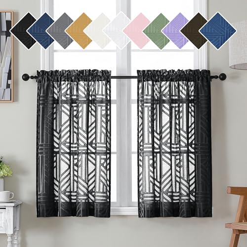 Simplebrand Black Sheer Kitchen Curtains 36 Inch Length Tier Curtains 2 Panels, Light Filtering Geometric Jacquard Clip Textured Semi Sheer Short Window Curtains for Bathroom, 42x36 inch - color: Black, size: 42"W x 36"L (Pack of 2)