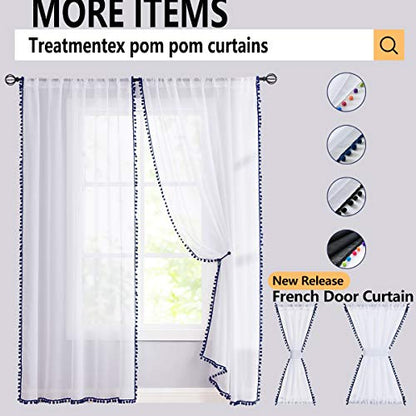 Pom Pom Navy Blue Sheer Curtains for Bedroom 52x84" Linen Textured Drape 2 - color: Classic Blue, size: 52"W x 84"L (Pack of 2)