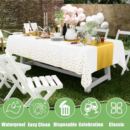Smiry Disposable Rectangle Plastic 54 x 108 Inch Table Cloth 3 Pack - color: White and Gold
