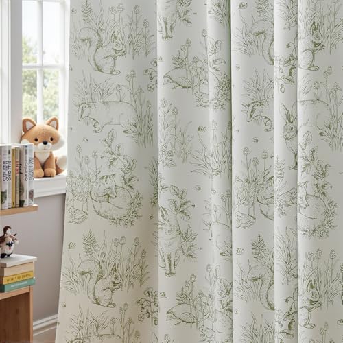 jinchan Green Blackout Curtains 72 Inch Woodland Back Tab 2 Panels - color: Sage Green on Beige, size: 50"W x 72"L (Pack of 2)