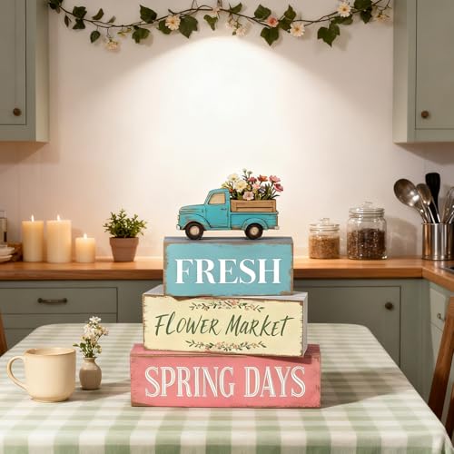 Spring Decoration Wooden Tiered Tray Decor Set – Farmhouse Spring Block Sign with Vintage Flower Truck, Fresh Flower Market Text – Rustic Tabletop Centerpiece for Living Room, Kitchen, Entryway, Shelf Display, Spring Home Decor - style: Flower Truck