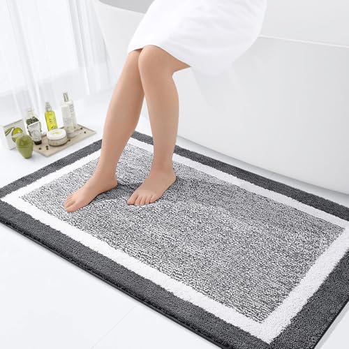 OLANLY Large Bathroom Rugs 44x32, Absorbent Microfiber Bath Rugs, Dark Grey | Non-Slip, Machine Washable, Quick Dry Shaggy Bath Carpet, Bath Mats for Bathroom Floor, Tub and Shower - color: Dark Grey and White, size: 44" X 32"
