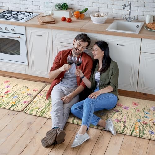 KIMODE Anti Fatigue Kitchen Mats, Brown Farmhouse Kitchen Rugs Sets of 2 - color: Floral/Brown, size: 47"L x 20"W x 0.47"Th + 32"L x 20"W x 0.47"Th