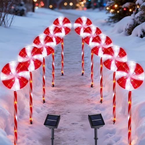 BRIGHTDECK 10 Pack Solar Christmas Pathway Lights, Red Lollipop Stakes - color: Red, size: 10Pack