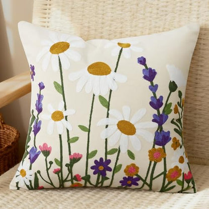 Floral Embroidered Pillow Covers 18x18 Inch Set of 1, White Daisy - color: Falling Petals