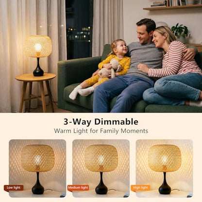 ONEWISH Touch Bedside Lamp for Bedroom, 3-Way Dimmable Table Lamps for Nightstand, Handwoven Bamboo Shade Desk Lamp for Living Room, Home Office - color: Natural Bamboo Shade & Black Base