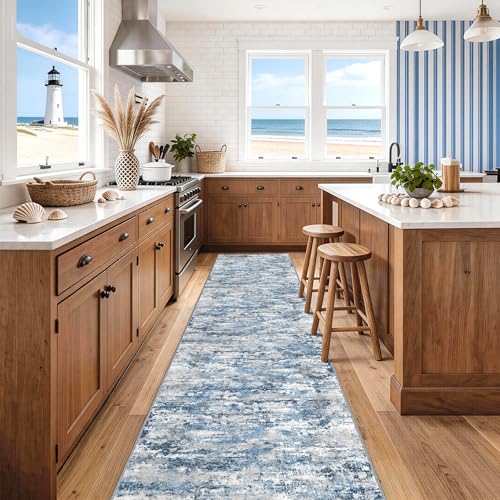 Long Hallway Runner Rug 2.6x12ft Textured Non Slip for Dogs,Ocean Blue - color: Abstract- Ocean Blue, size: 2'7" x 12' (Runner)