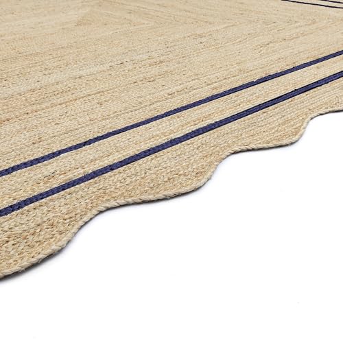 Wave Scalloped Jute Rug Entryway Natural Boho Area Rug Navy Blue 2'x4' - color: Navy Blue, size: 2'x4'