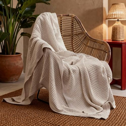 Bedsure 100% Cotton Throw Blanket for Couch, Waffle Weave, Beige, 50"x70" - color: 02 Beige, size: Throw XL (50" X 70")