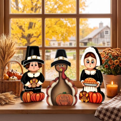 GlikCeil 3 Pcs Thanksgiving Table Decorations Wooden Pilgrim Turkey Sign - style: Thanksgiving Day