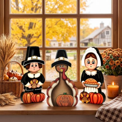 GlikCeil 3 Pcs Thanksgiving Table Decorations Wooden Pilgrim Turkey Sign - style: Thanksgiving Day