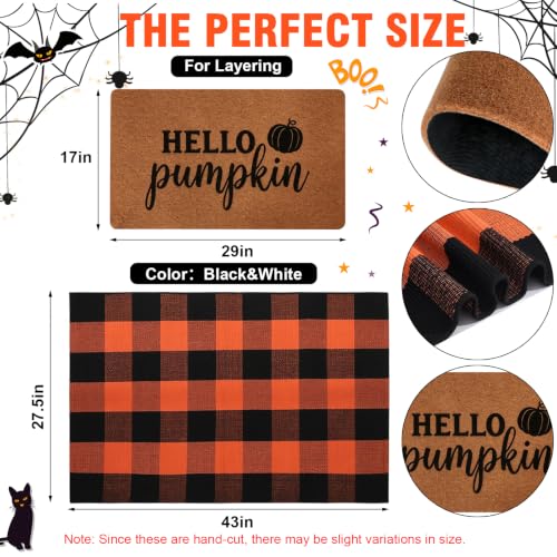 2 Pack Halloween Door Mat Set, Pumpkin Coir Mat & Orange Black Plaid Mat - color: Orange and Black