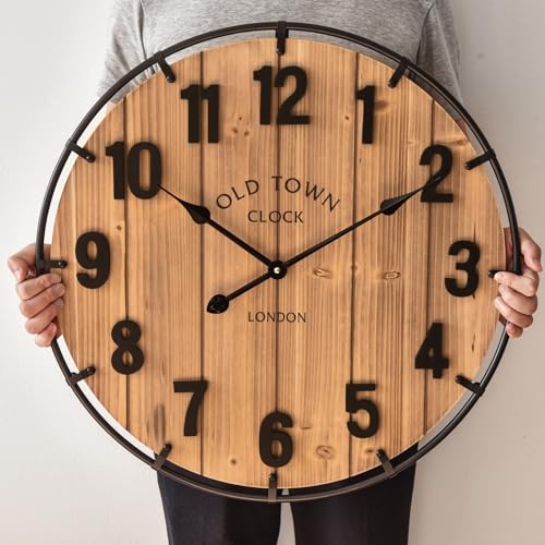 EMAX HOME Large Old Town Farmhouse Wall Clock 24 Inch Rustic Antique Wood with Metal Circle and Large Numerals Silent Battery Operated Wall Clock for Office Kitchen Bedroom Living Room - color: Brown, size: 24 Inch
