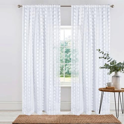 White Boho Sheer Curtains Poms 63 inches Long 2 Panels Embroidered Tuft - size: 54"W x 63"L (Pack of 2)
