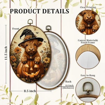 JQF Halloween Highland Cow Witchy Oval Wall Decor Framed 8.5x11.5 Inch - color: fall cow-1