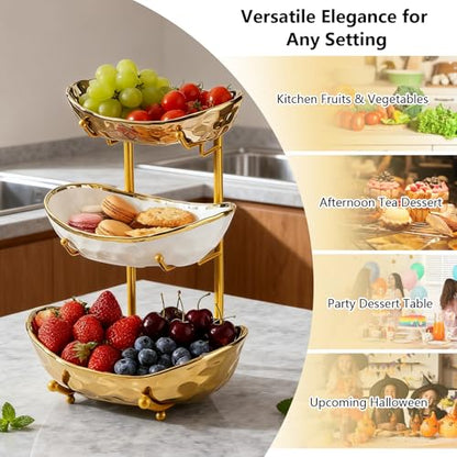 Gets 3 Tier Fruit Bowl Ceramic Metal Stand Tiered Serving Tray Gold - color: Gold