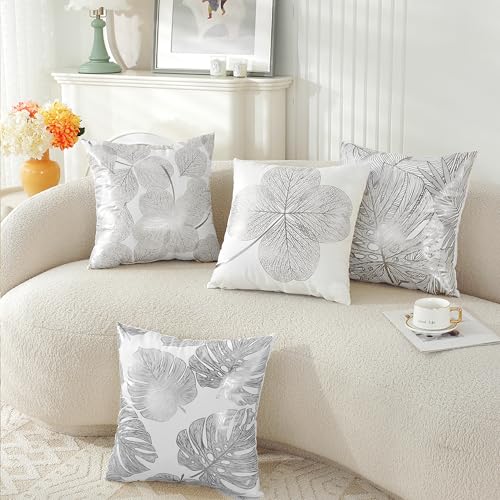 TAOSON Pack of 4, Silver Stamping Leaves Bronzing Printed Cozy Soft Throw Pillow Cases Cushion Covers Shells for Sofa Couch Bed Home Decoration 18 x 18 Inches - color: Silver Leaves, size: 18" x 18" (Pack of 4)