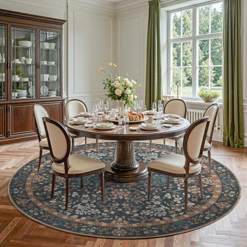 jinchan 8ft Washable Round Area Rug, Vintage Floral, Dark Blue - color: Dark Blue, size: 8' (Round)
