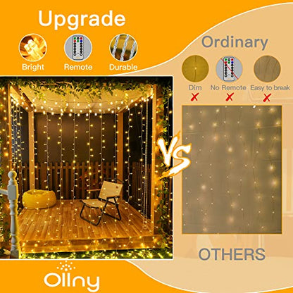 Ollny Curtain Lights 6.6x6.6ft, 200LED String Lights with Remote Warm White - color: Warm White, size: 200 LED