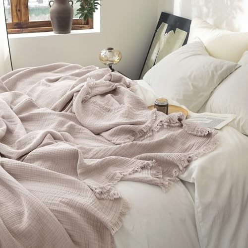 FOSSA Muslin Blanket 4-Layer 100% Cotton Gauze Blanket with Fringe 108"x98" - color: Greyish Pink, size: Super King(108" × 98")