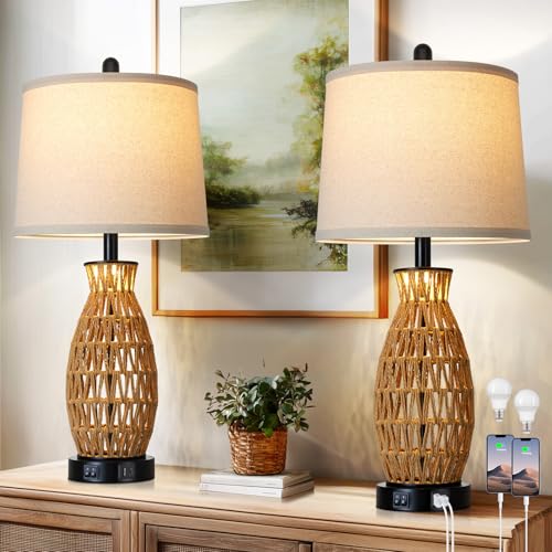 CINSARY 27" Rattan Table Lamps Set of 2 with Night Light, Boho Wicker Bedside Lamp for Bedroom with USB A+C Ports, Coastal Handwoven Woven Nightstand Lamps, Nautical Living Room Lamp for End Table - color: Rattan-27"H