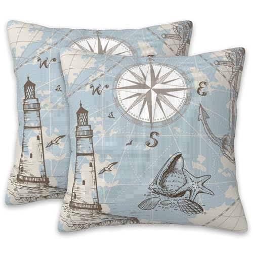 Blue Nautical Map Pillow Covers 18X18 Set of 2, Sea Compass Lighthouse Decorative Throw Pillow Covers,Anchor and Seashells Pillow Cover Pillowcase Cushion Case for Home Sofa Couch Indoor Outdoor - color: Blue Nautical Map