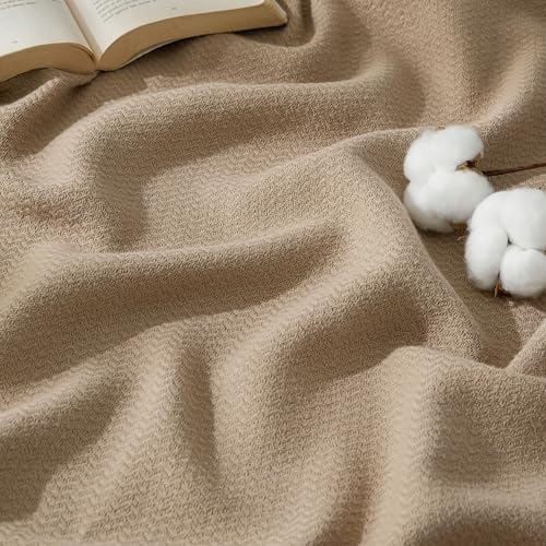 Bedsure 100% Cotton Blanket, Herringbone Weave, King, Light Brown - color: 00 - Light Brown, size: King