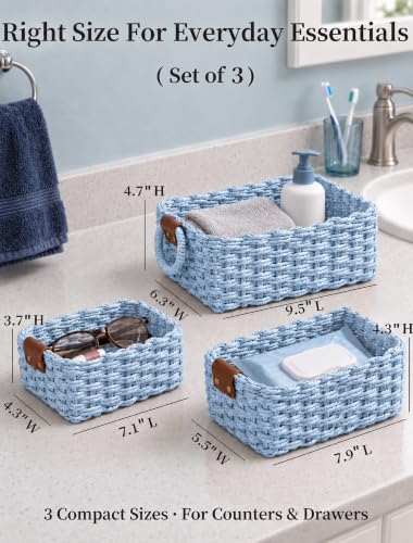 Small Wicker Baskets, 3 PCS Paper Rope Baskets for Shelves, Light - color: Light Blue