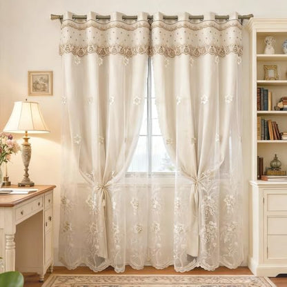 Amidoudou 1 Pair European Double Layer Curtains for Living Room Bedroom Luxury Flower Embroidered Curtains with Valance (Beige,52x96 Inch) - color: Beige, size: 52"W x 96"L (Pack of 2)