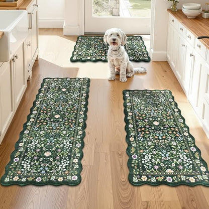 Yamaziot Boho Anti Fatigue Kitchen Rug Set of 3 Scalloped Non-Slip, Green - color: Green & Black, size: 17.3"x29"+17.3"x35"+17.3"x47"
