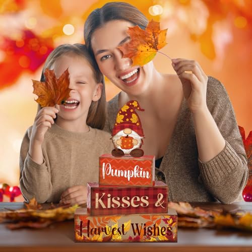 4 Pcs Fall Decor for Home Gnomes Pumpkin Wooden Signs with Harvest Wishes - style: Gnome