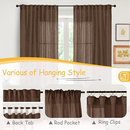 YoungsTex Brown Linen Semi Sheer Curtains 45 Inches Long 2 Panels - color: Brown, size: 42"W x 45"L (Pack of 2)