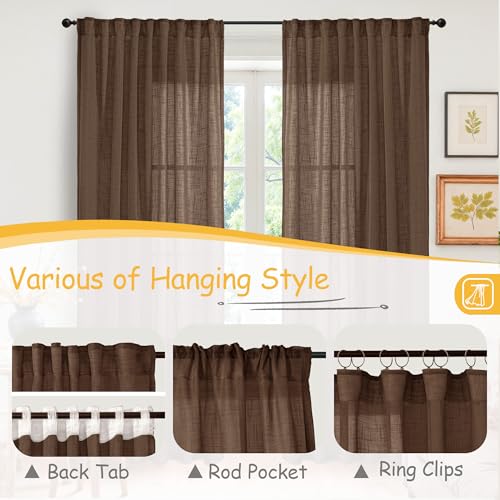 YoungsTex Linen 세미 시어 커튼 거실 창문용 길이 160cm(63인치) - 초콜릿 브라운 라이트 필터링 드레이프, 로드 포켓 백 탭 프라이버시 텍스처, 침실용 패널 2개, 106.7 x 160cm(42 x 63인치) - color: 브라운., size: 42"W x 63"L (Pack of 2)
