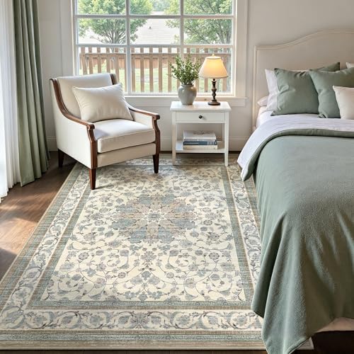 Arenarug 3x5 Area Rug for Entryway, Washable Distressed Vintage Boho Floral Rug, Soft Low Pile Non Slip Stain & Fade Resistant Carpet for Living Room, Bedroom, Kitchen, Cream Blue - color: Cream Blue, size: 3' x 5' (Rectangular)