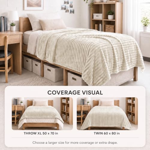 HIMEET Beige Twin Blanket for Bed, 300GSM Ribbed Fleece, 60 x 80 Inches - color: Beige, size: Twin (60" x 80")