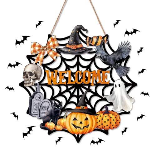 Halloween Front Door Decor, Wooden Hanging Wreath for Party & Holiday Gift