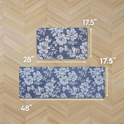 Laura Ashley - Anti-Fatigue Kitchen Mat, Iris Floral Design, Stain, Water & Fade Resistant, Cooking & Standing Relief, Non-Slip Backing, 2 Piece Set, Navy Iris - color: Navy, size: 48"L x 17.5"W / 28"L x 17.5"W