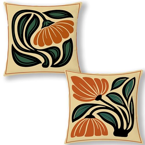 70s Retro Boho Orange and Green Floral Pillow Covers 18x18, Mid Century Modern Abstract Flower Decorative Throw Pillow Covers Pillowcases for Home Living Room Bedroom Set of 2 - color: Green & Orange 7, size: 18" x 18" (Pack of 1)