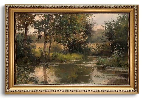 Vintage Gold Framed Lakeside Trees Forest Landscape Wall Art 16x24in - color: landscape2, size: 24"L x 16"W