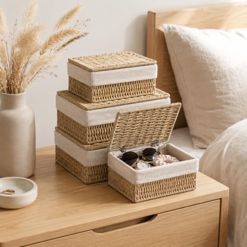 Storage Baskets with Lids Set of 3, Woven Bins with Liner - size: Small with Lids