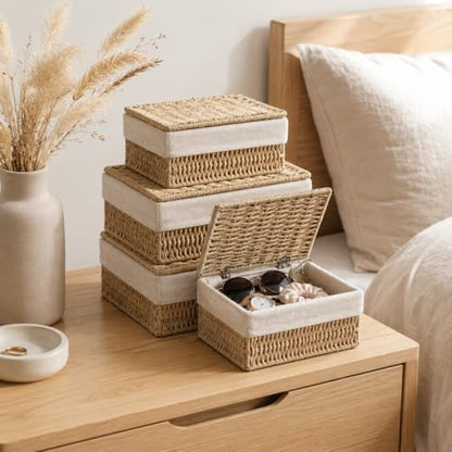 Storage Baskets with Lids Set of 3, Woven Bins with Liner - size: Small with Lids